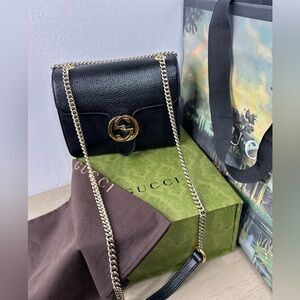 Gucci Interlocking G Dollar Small Black Leather Crossbody with Gold Chain